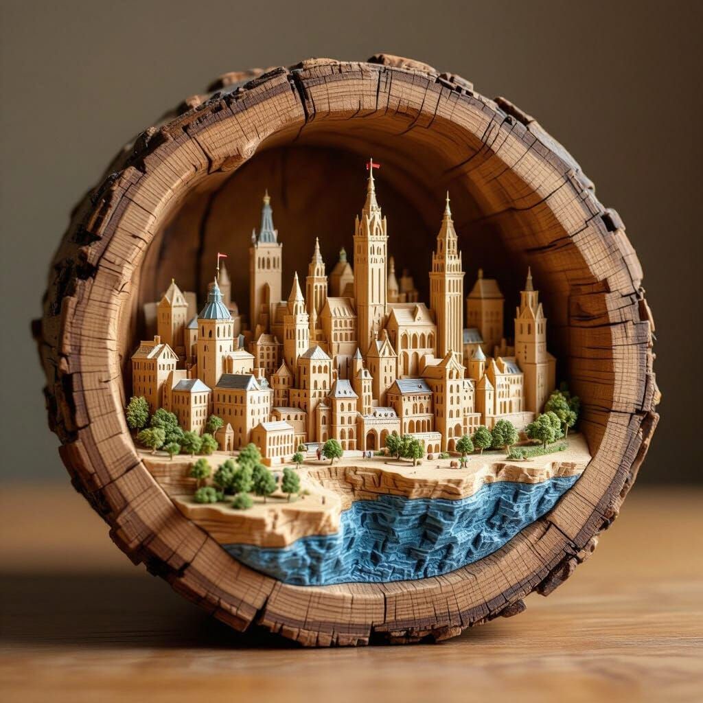 Miniature City Carved Inside an Oak Barrel
