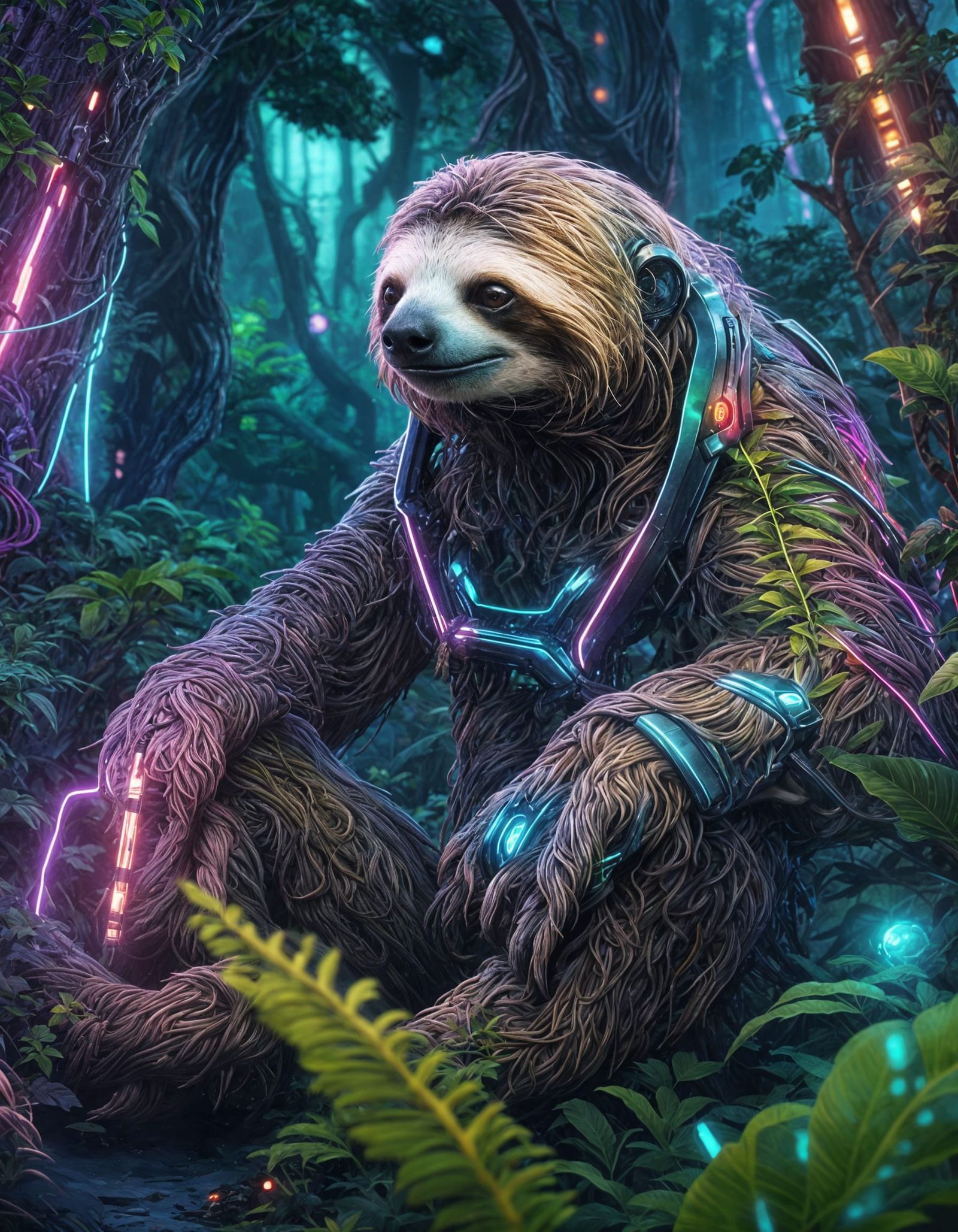 Futuristic Sloth in Neon Jungle
