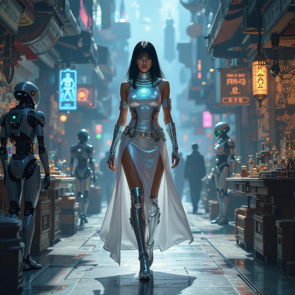 Cyberpunk Priestess in Jupiter Marketplace