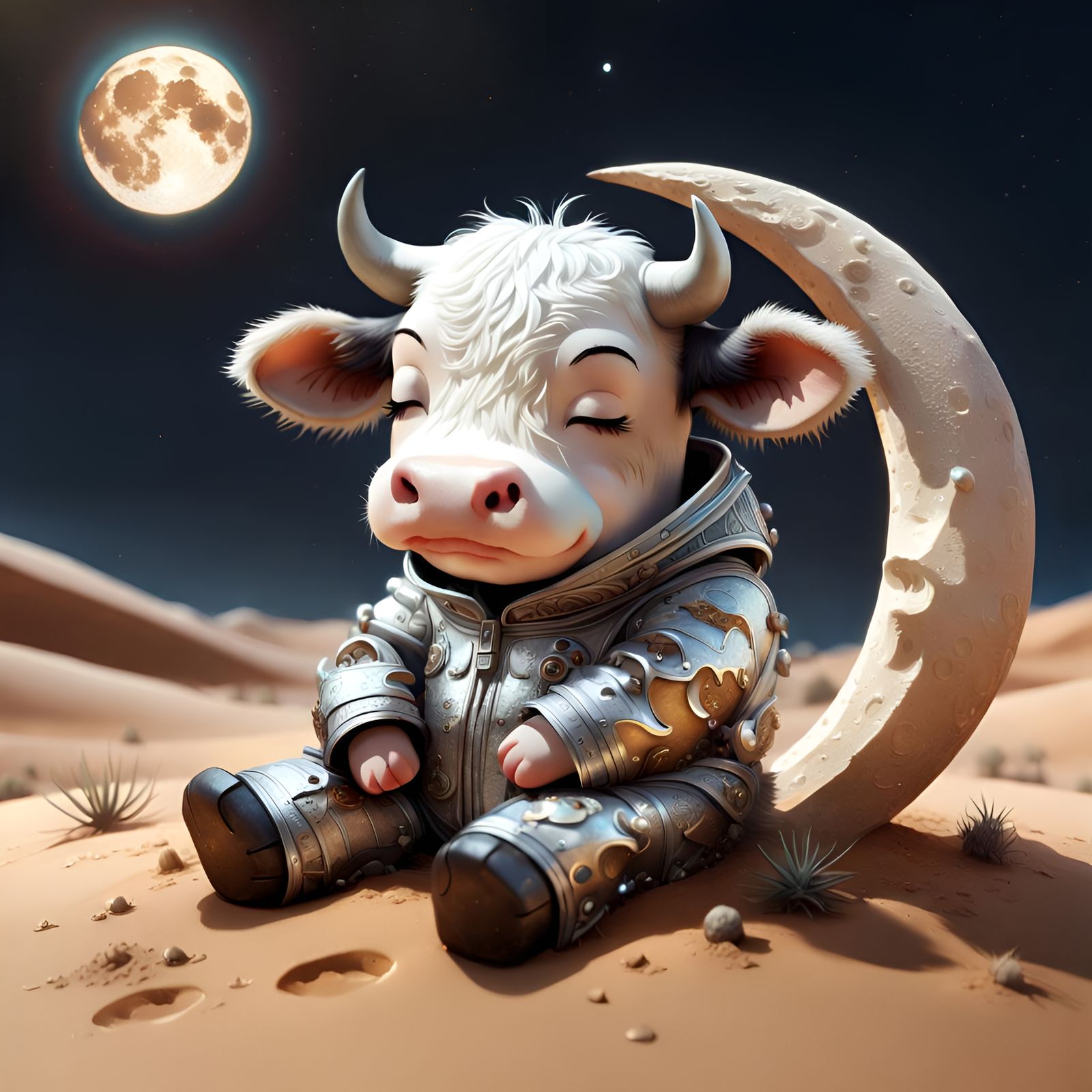 Chibi Cow Asleep on the Moon in 3D