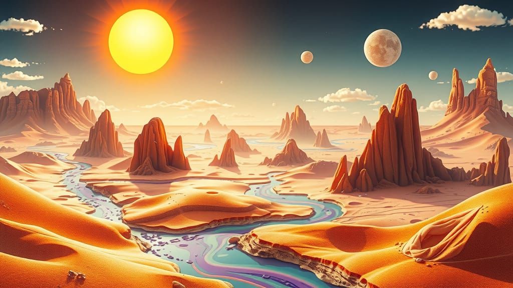 Surreal Desert Planet with Sparkling Sugar Crystals and Irid...