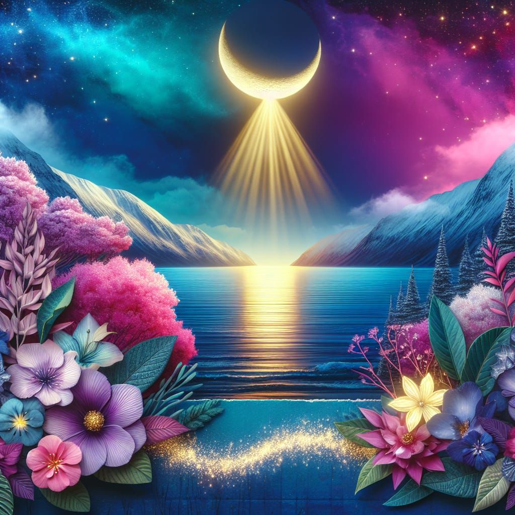 Dreamlike Night Sky with Golden Crescent Moon