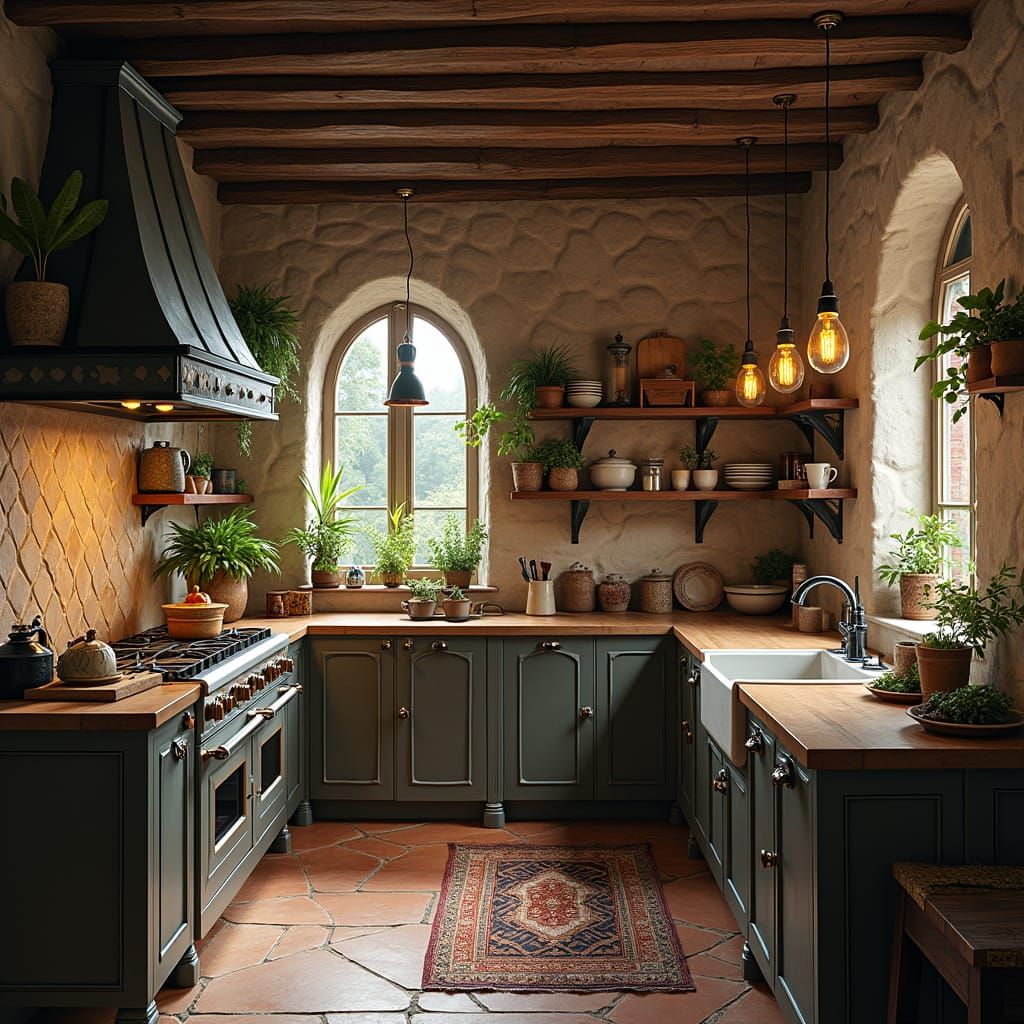 Cozy Modern Tudor Kitchen with Warm Lighting