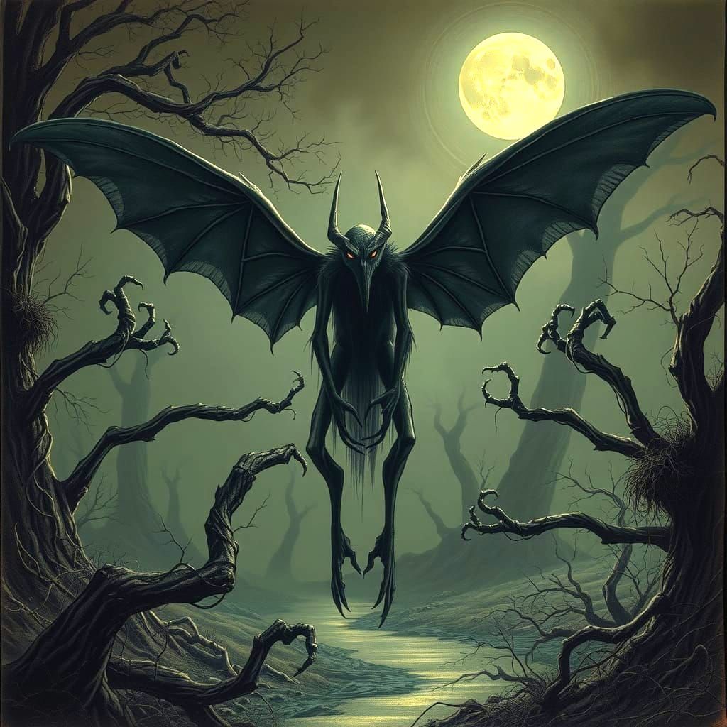 Terrifying Mothman in Horror Engraving Style