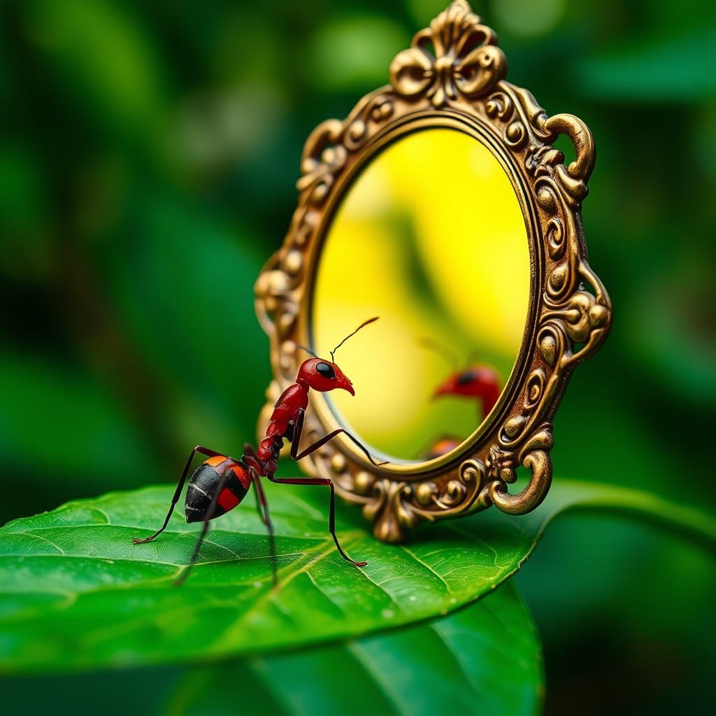 Ant Gazing at Reflection in Emerald Forest