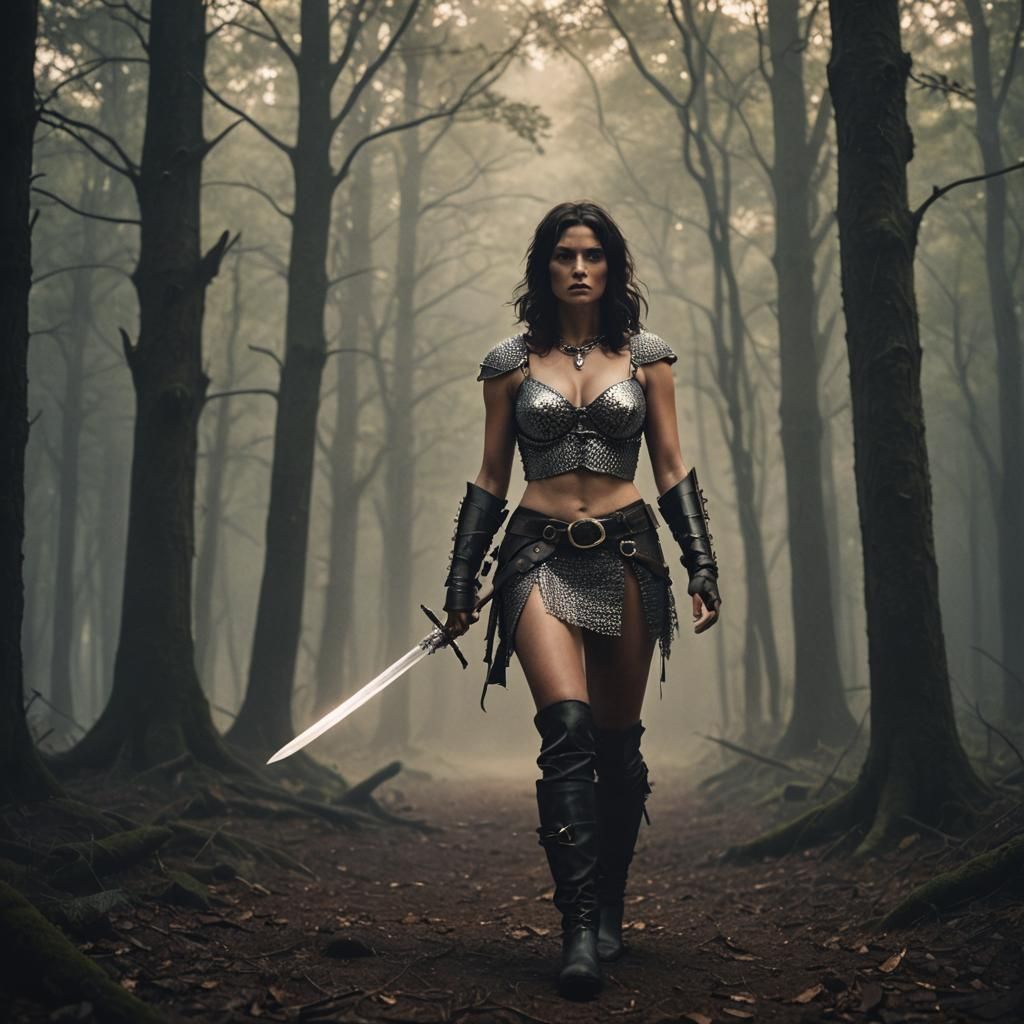 Heroic Warrior Woman in Dark Forest, Cinematic Film Still