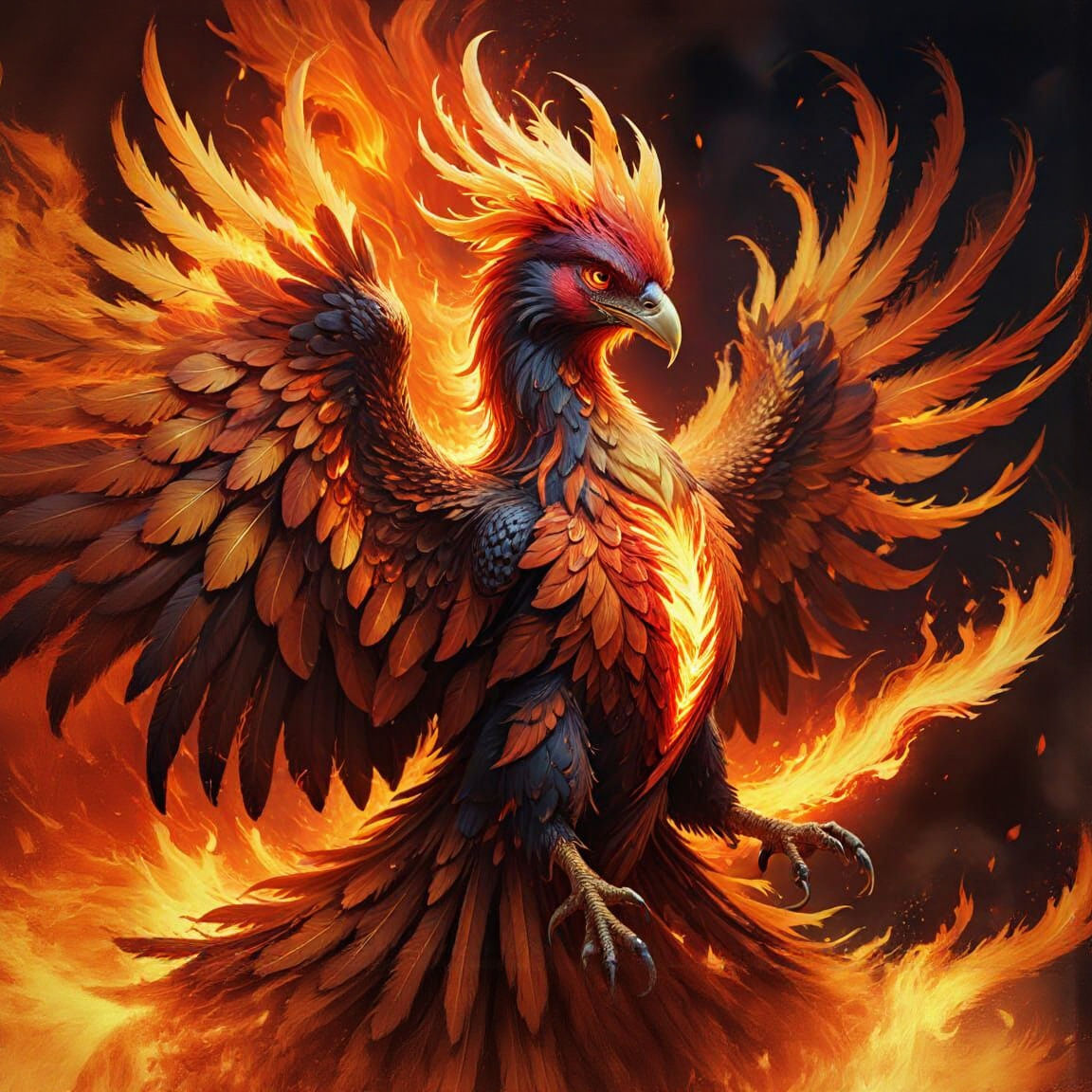 Fiery Phoenix Close-Up in Vibrant Oil Painting Style