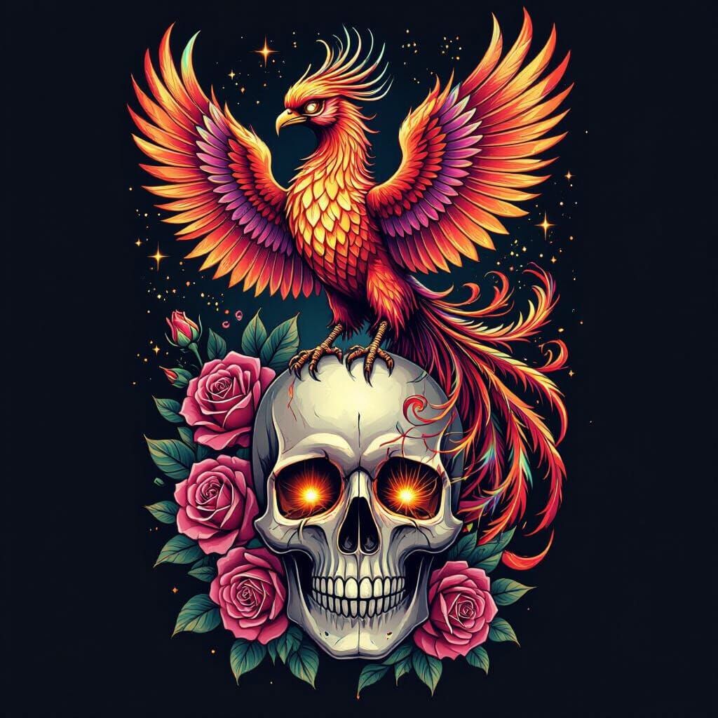 Phoenix Tattoo Design with Skull and Roses