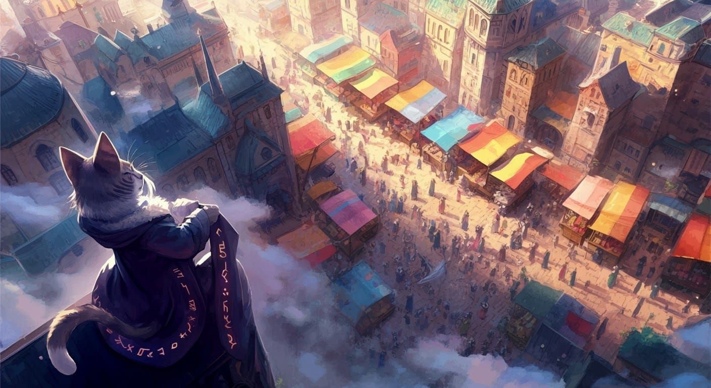 Anime Beastfolk Cityscape with Cat Girl in Acrylics