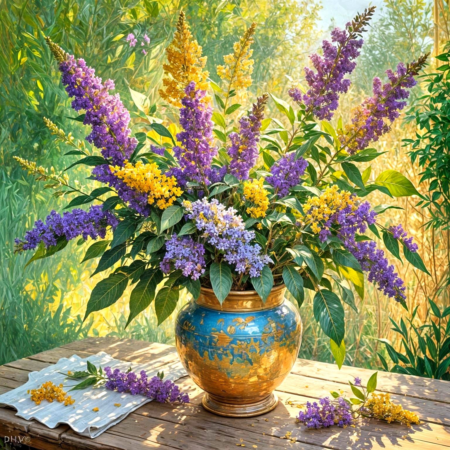 Buddleja Flowers: Neo-Impressionist Golden Hour Oil Painting