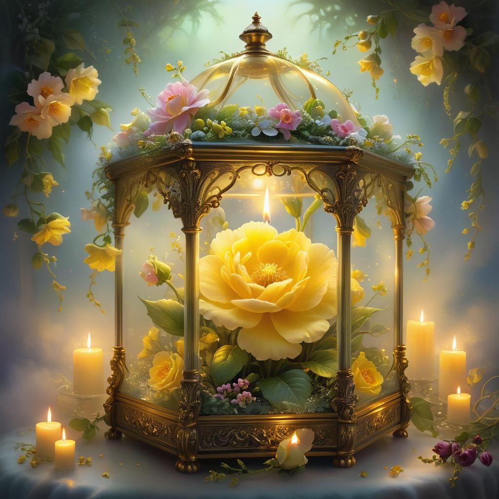 An enchanted yellow flower in a glass box, flowers background, candlelight, frosted. ethereal fantasy hyperdetailed mist...