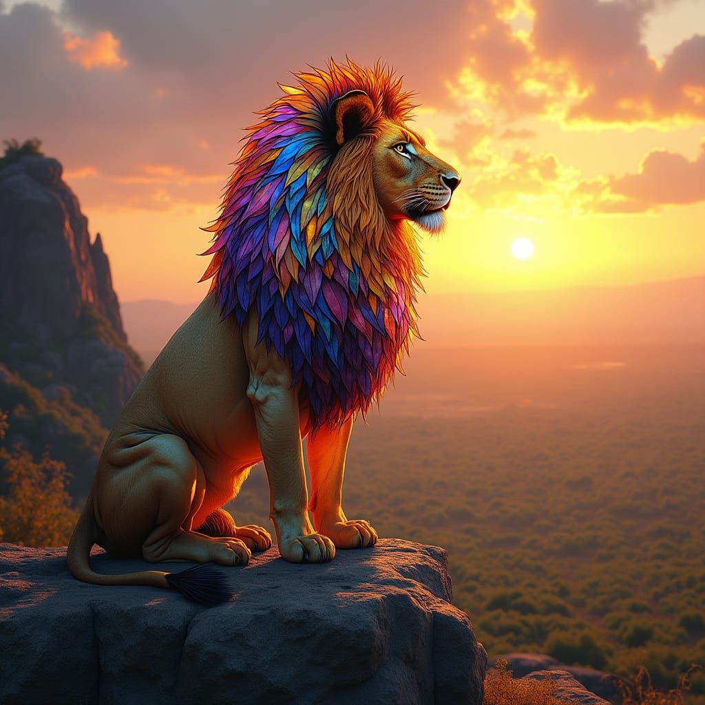 regal lion with a flowing stained mane