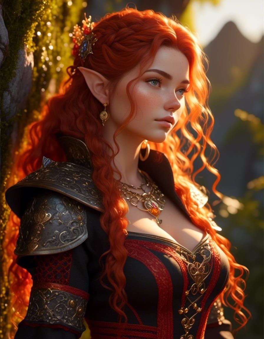 Freckled Woman Warrior at Sunrise in Comicbook Style