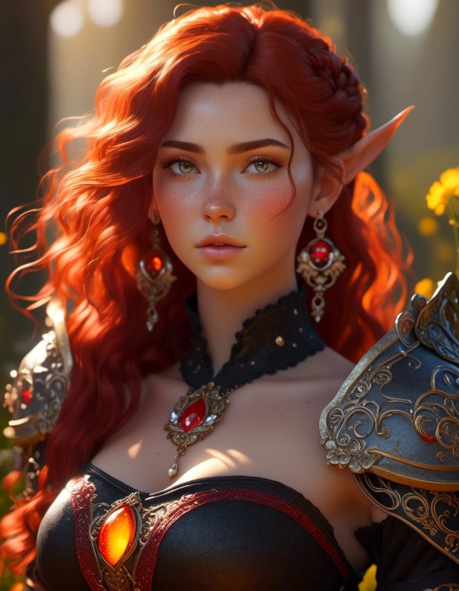 Freckled Woman Warrior at Overgrown Sunrise in Animated Styl...
