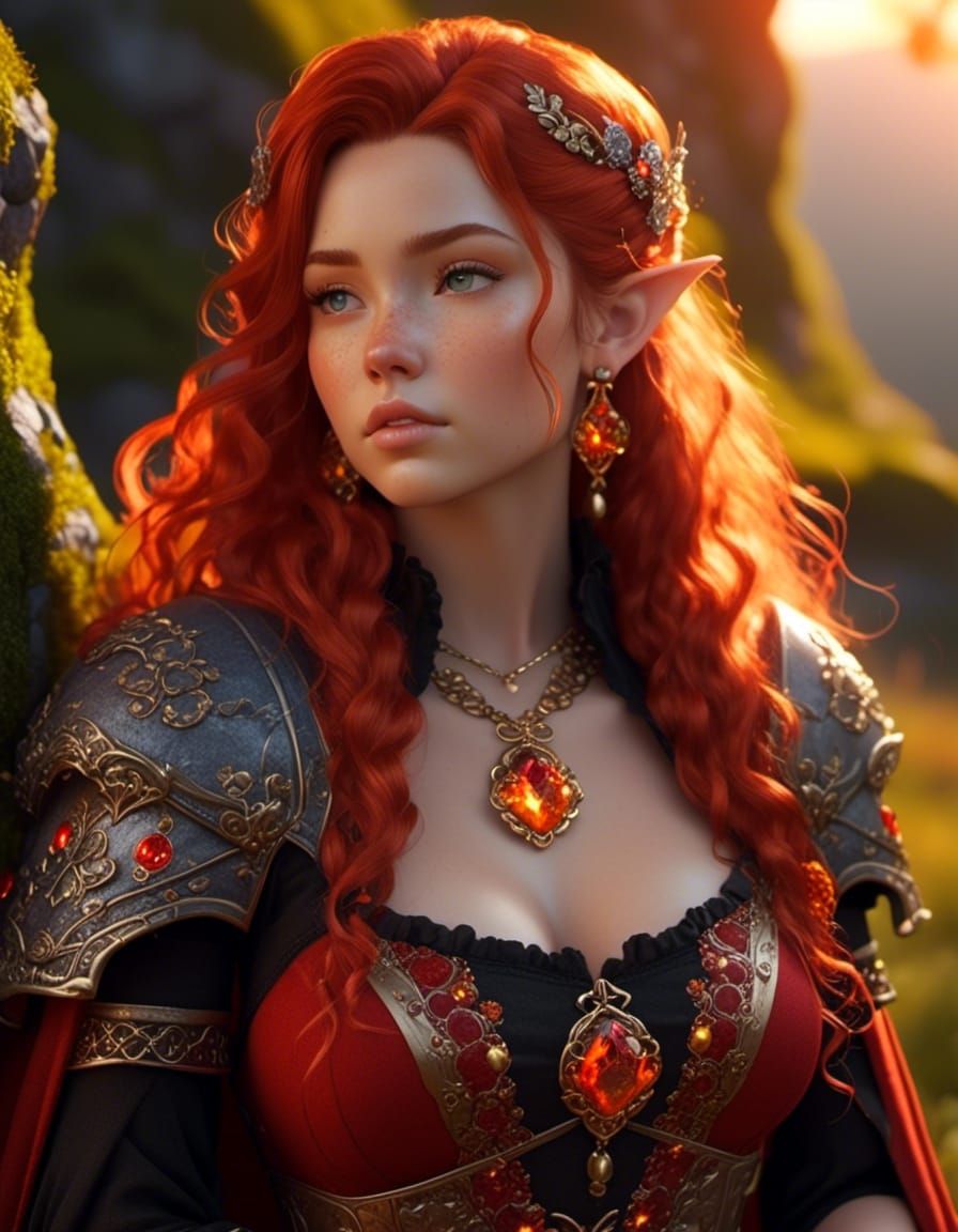 Freckled Woman Warrior Portrait at Overgrown Sunrise