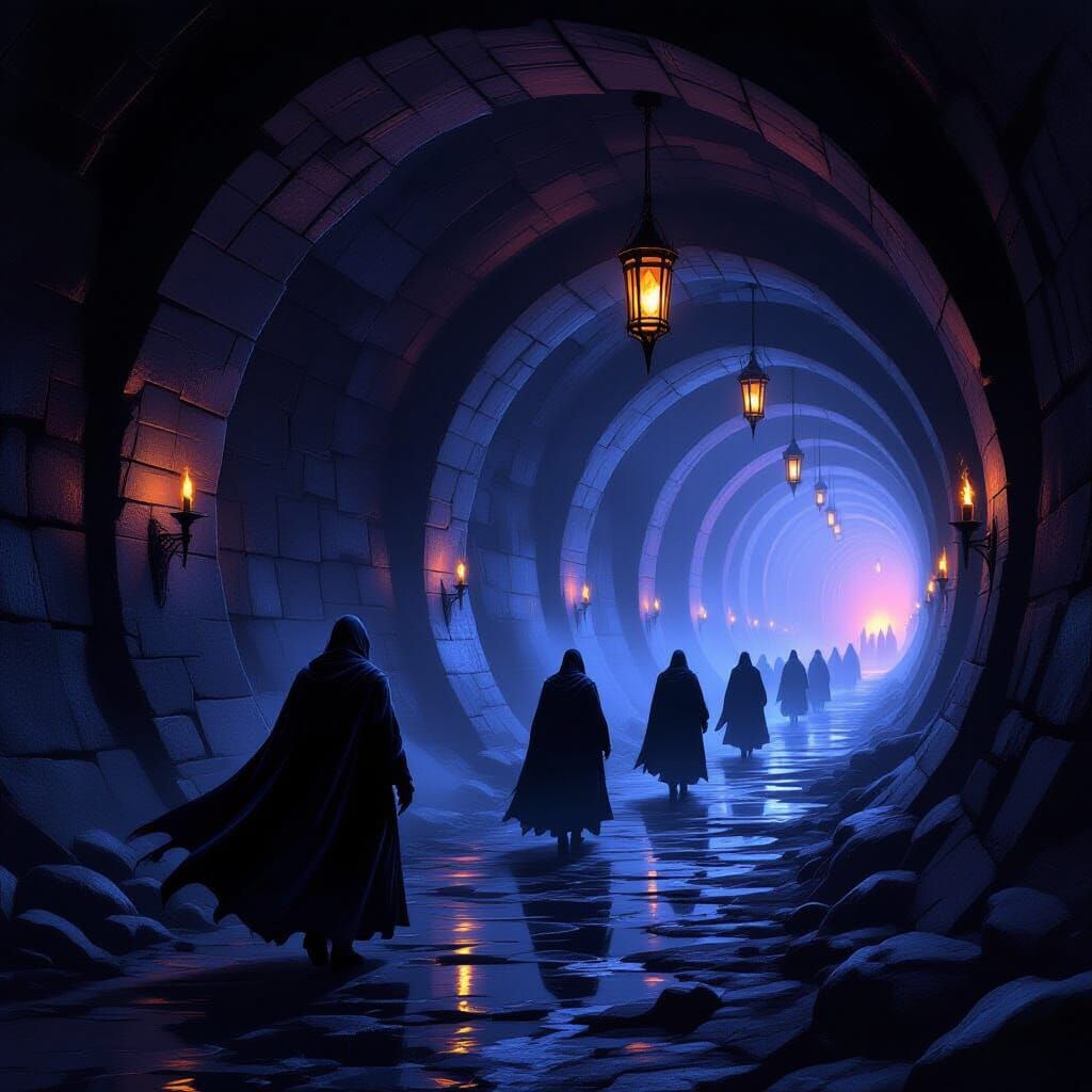 Dark Fantasy Obsidian Tunnel with Cloaked Figures