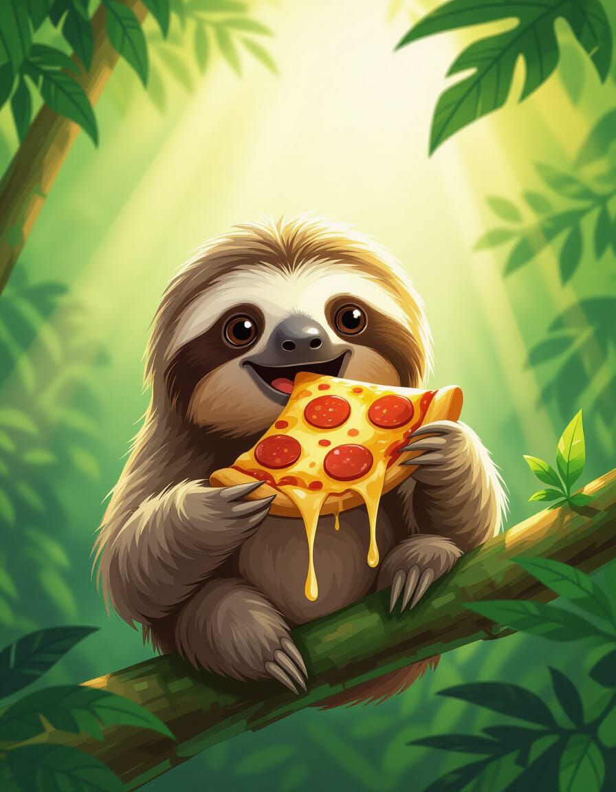 Cute Sloth Eating Pizza in Jungle, Cartoon Style
