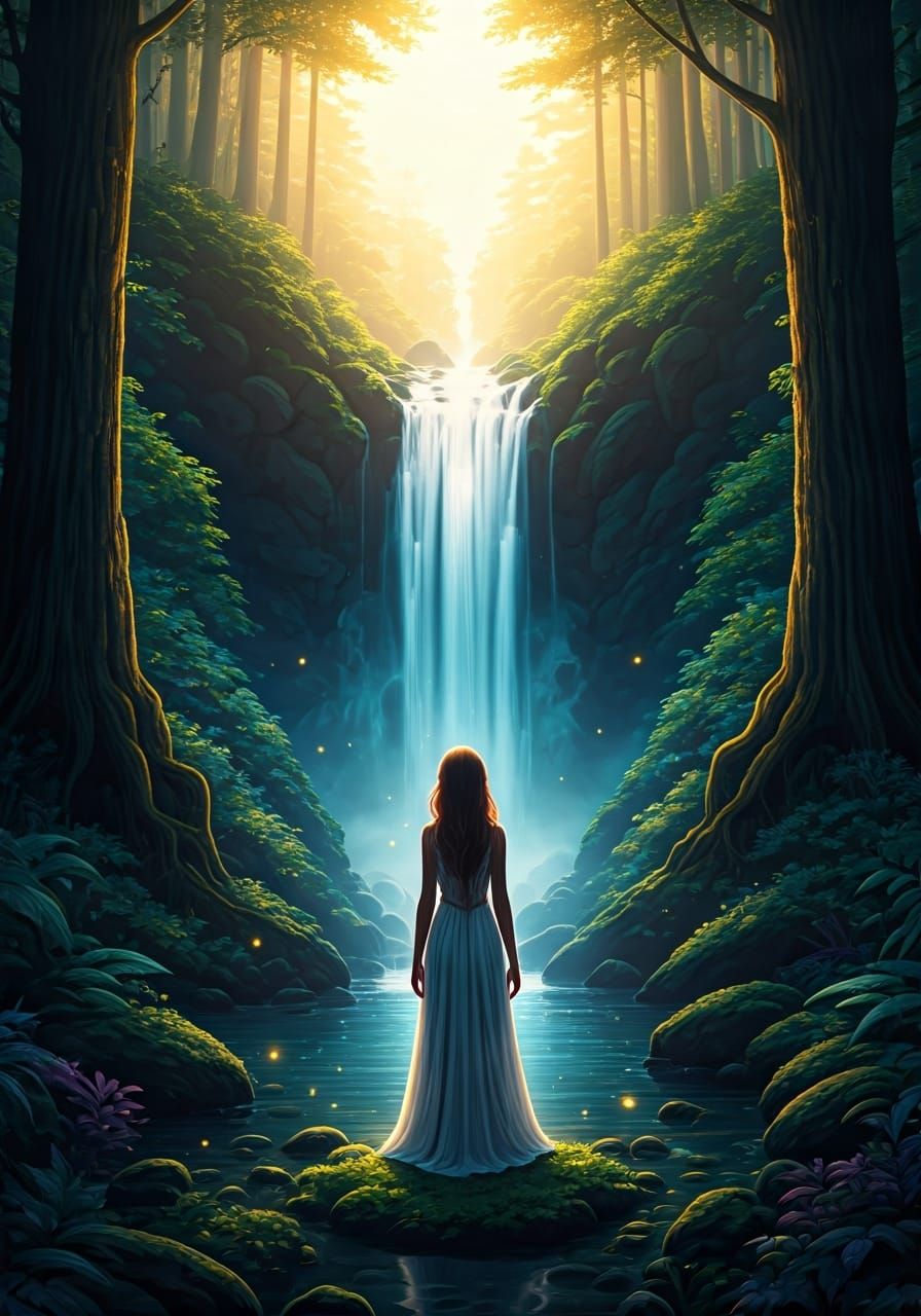 Mystical Forest Waterfall Scene in Digital Art Style