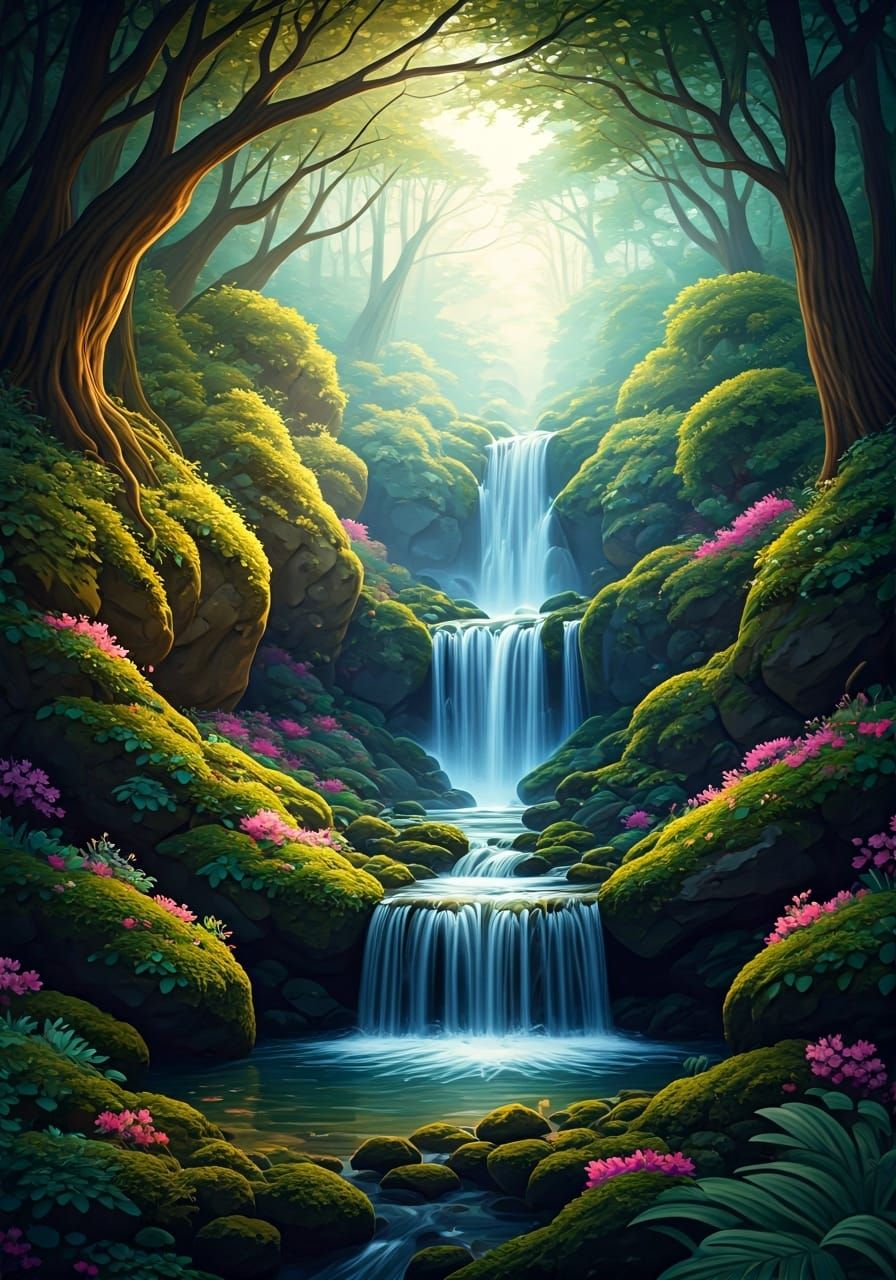 Enchanted Waterfall in Magical Forest, Fairy Tale Style