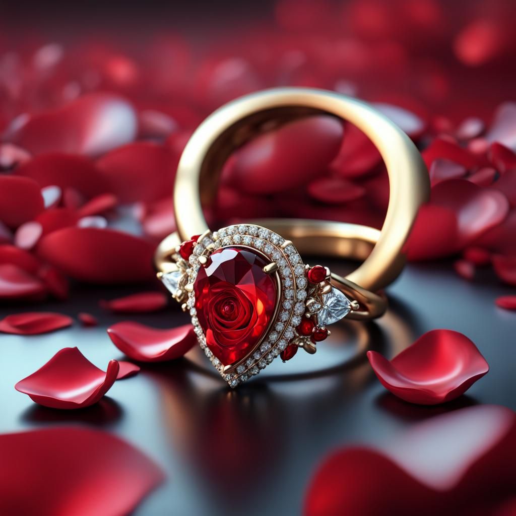 Diamond Ring with Rose Petals, Digital Art