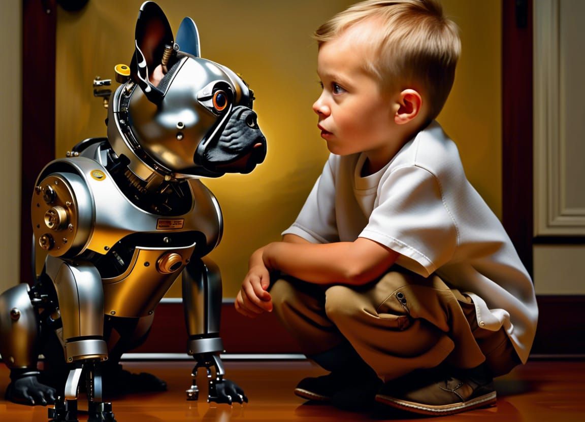 Staring contest between a boy and a robotic pet