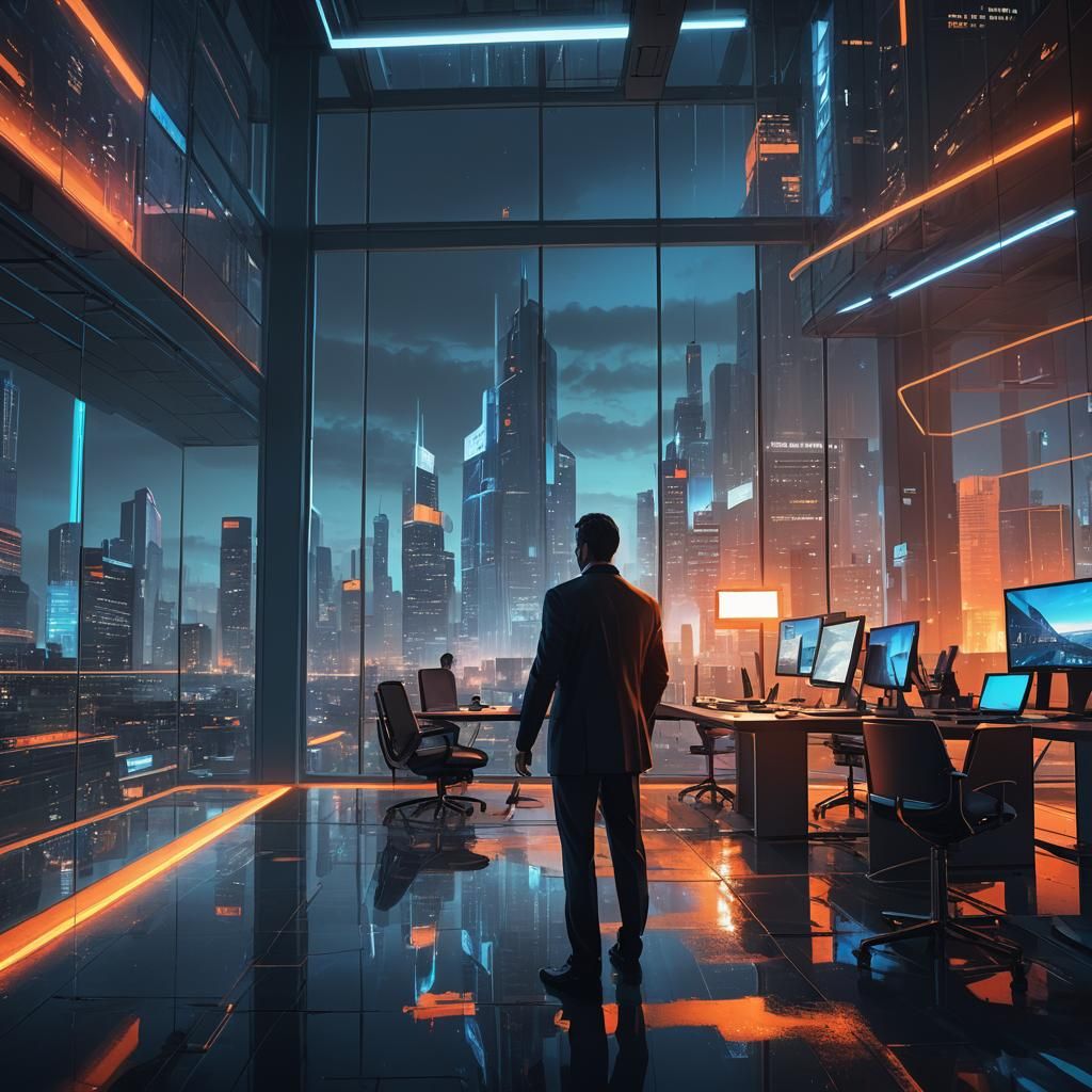 Futuristic City Office at Night in Neon Hues