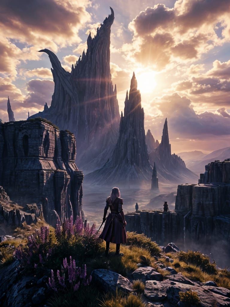 Elven Warrior Overlooks Dark Tower: Fantasy Art