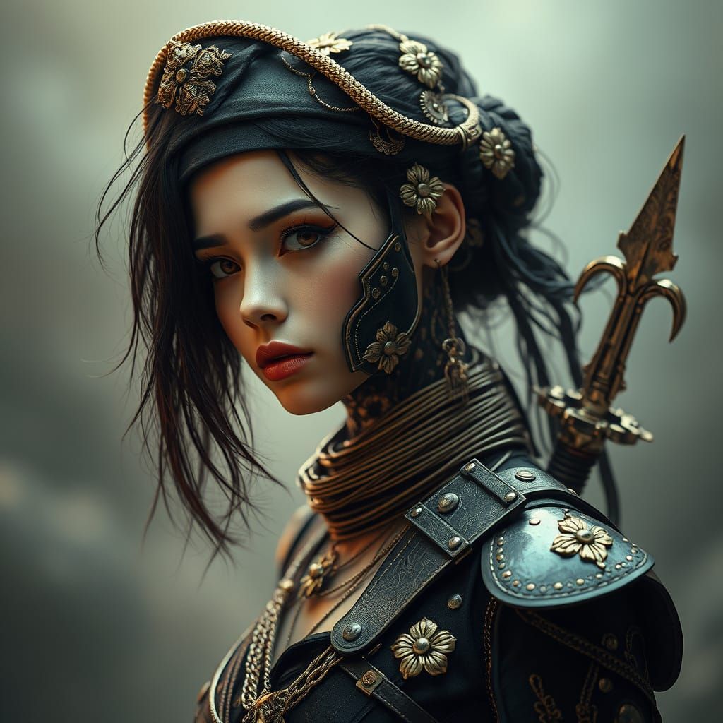 Elegant Cyborg Pirate with Floral Etchings