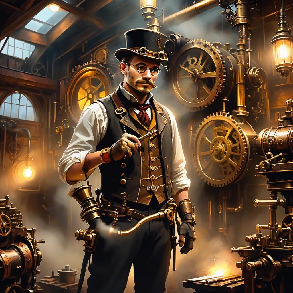 Steampunk Painter Portrait with Engine in Workshop