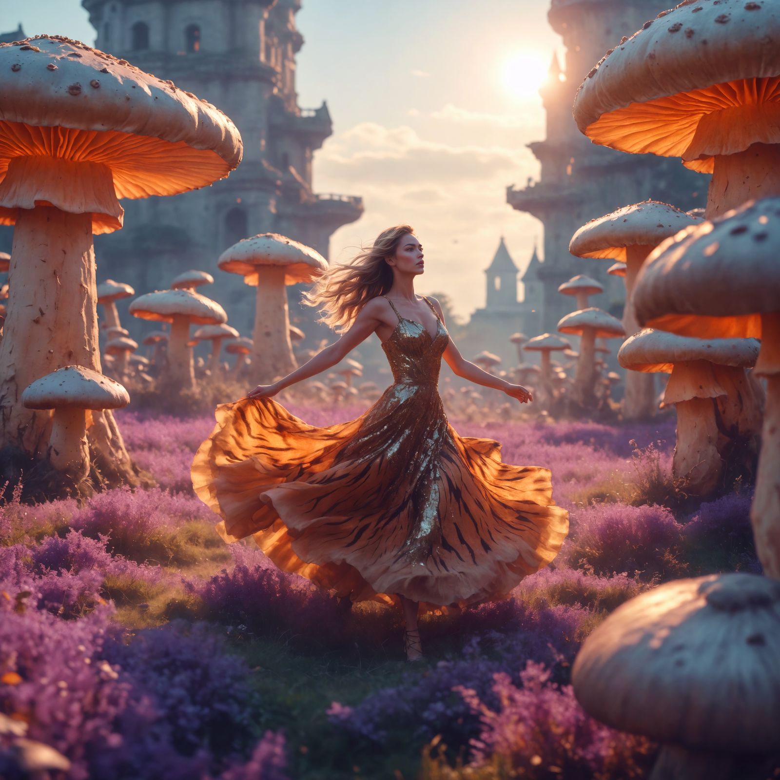 Woman Dancing in Mushroom Field, Graffiti Art Style