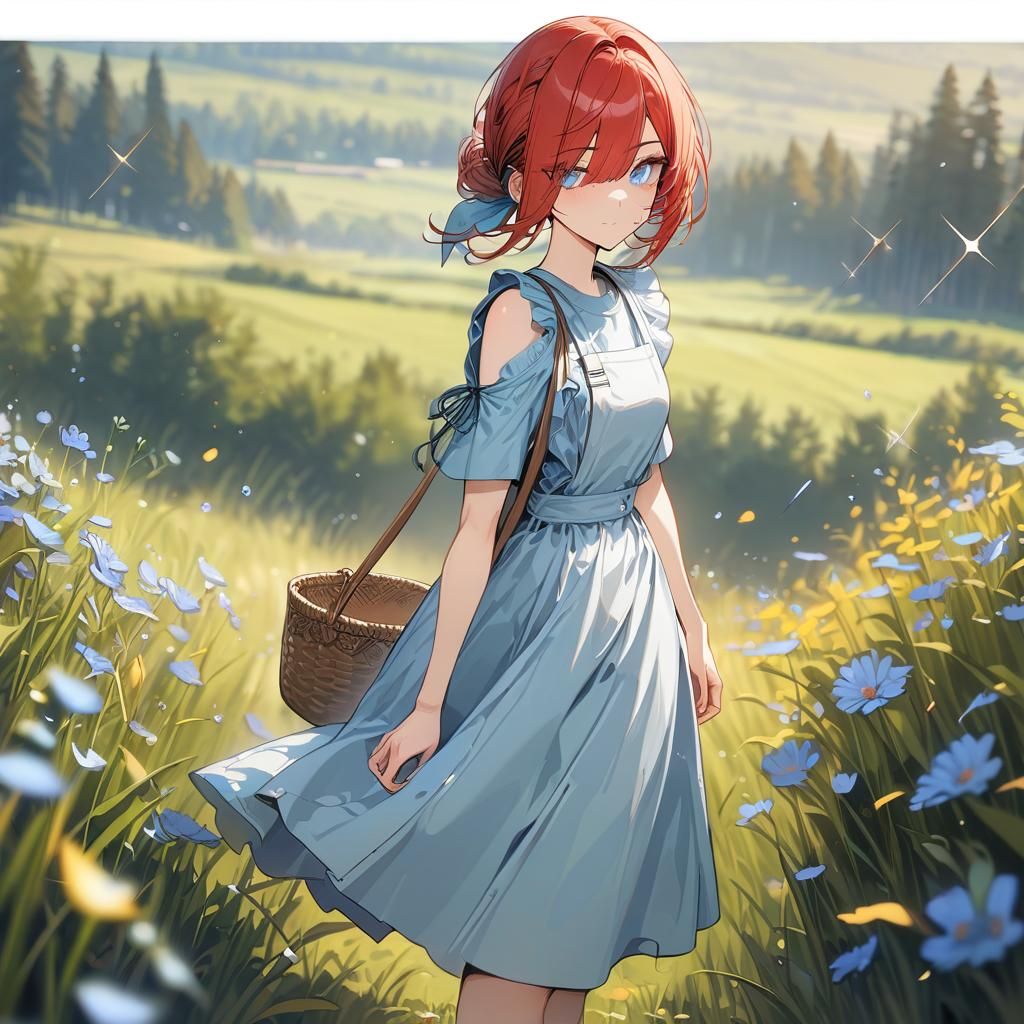 Girl with Red Hair in Meadow with Basket Bag