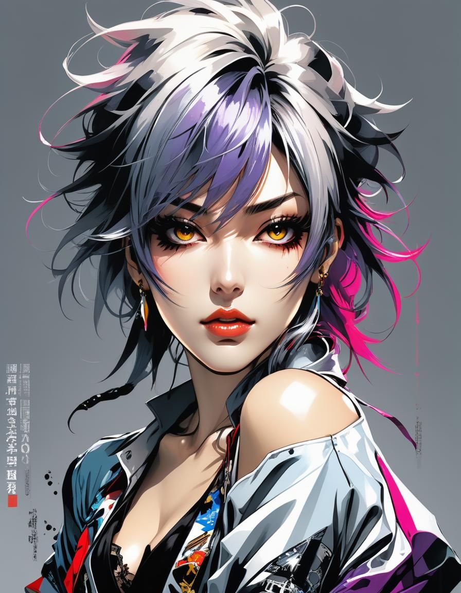 Rockstar Girl Mugshot in Anime Realism Style