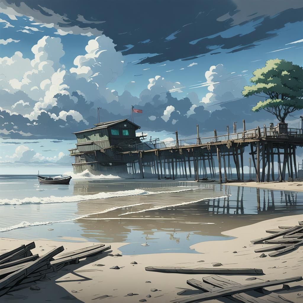 Desolate Beach: Anime-Style Abandoned Pier