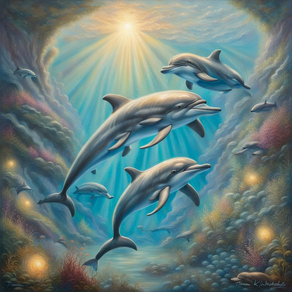 Smiling Dolphins in Glittering Sunlight: Fantasy Sea Art