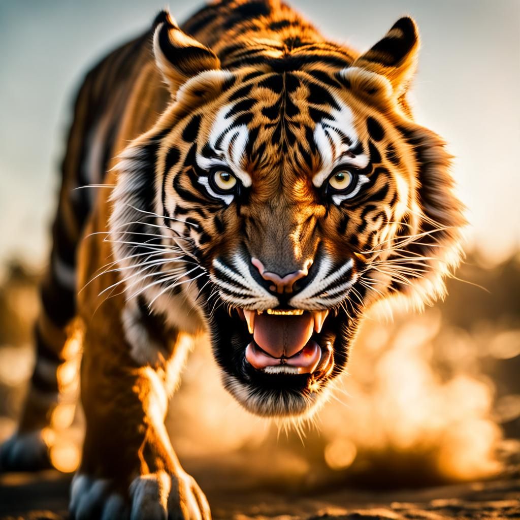 Ferocious Tiger Mid-Pounce in Golden Light