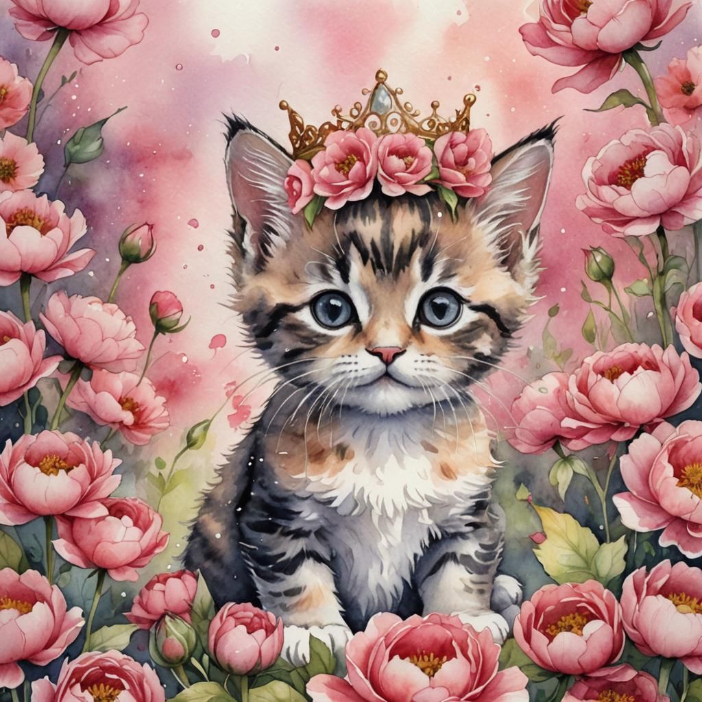 Watercolor Fairy Kitten with Rose Tiara