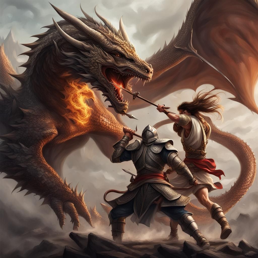 Warrior Battles Dragon in Realistic Image