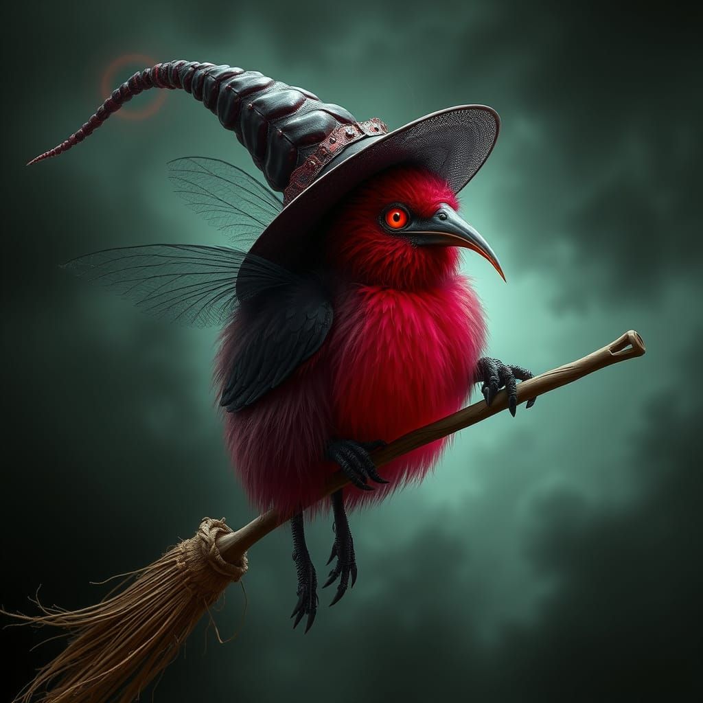 Dreamlike Ruby Kiwi Witch in Dark Futuristic Biomechanical S...