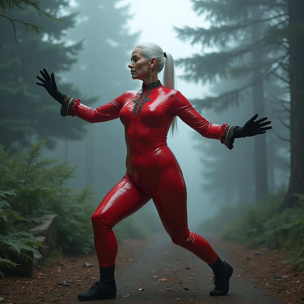 Elderly Woman in Red Latex Practicing Tai Chi in Misty Fores...