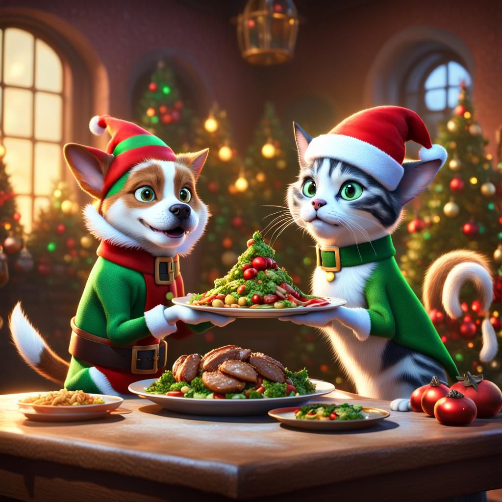 Festive Dog and Cat Christmas Dinner, 3D Digital Art