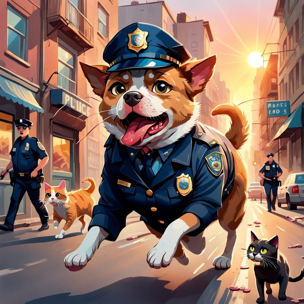 Dog Detective Chasing Cat: Cartoon Action Painting