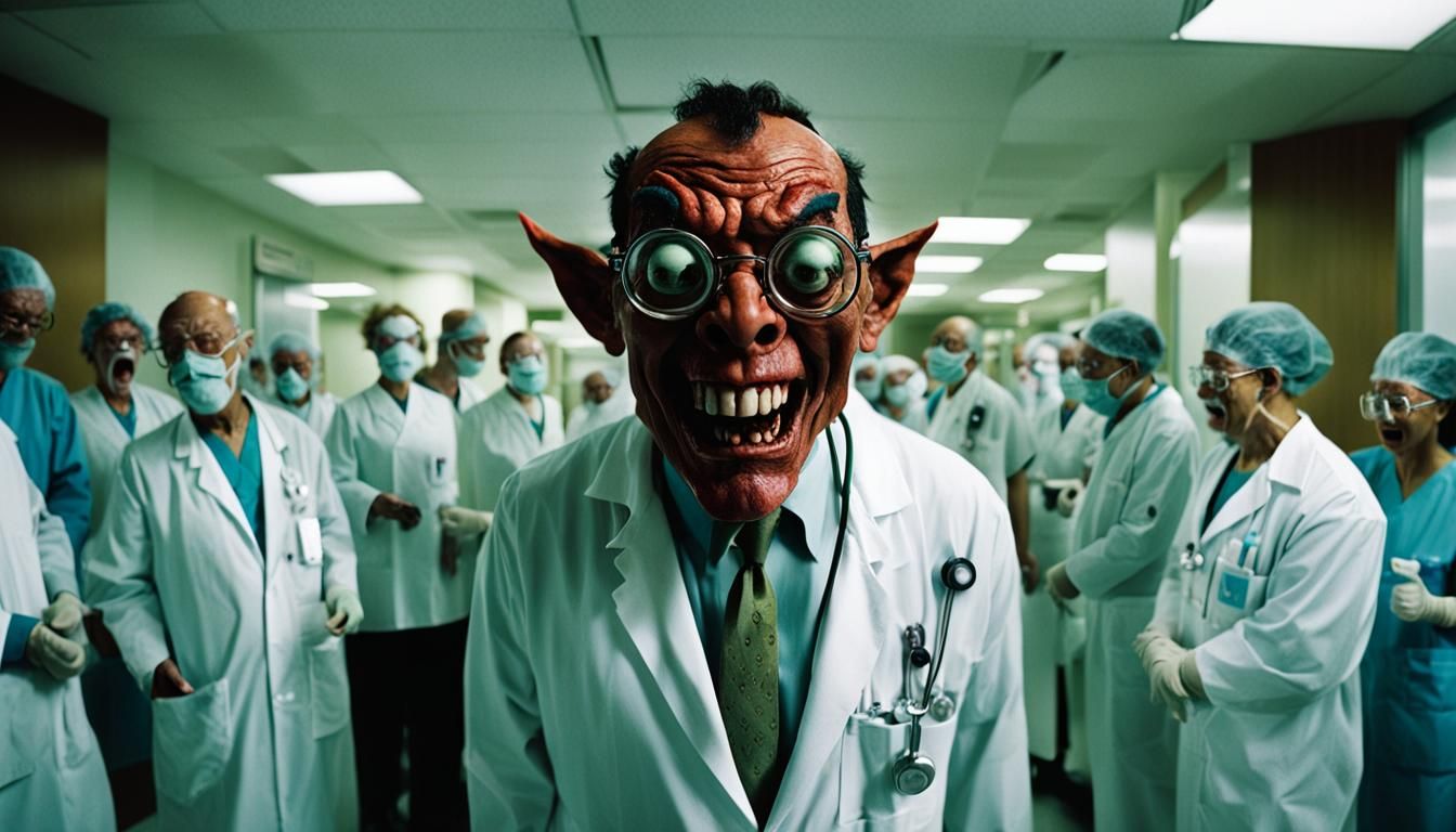 Demonic Pharmaceutical Executive in Hospital, Cinematic Stil...