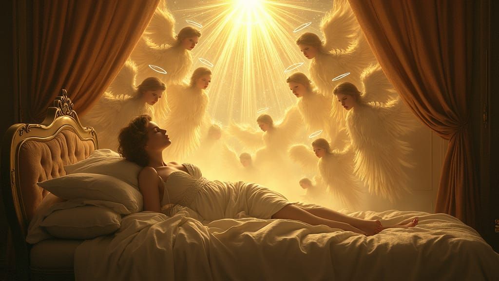 Serene Woman Transcends in Heavenly Light, Angels Ascend