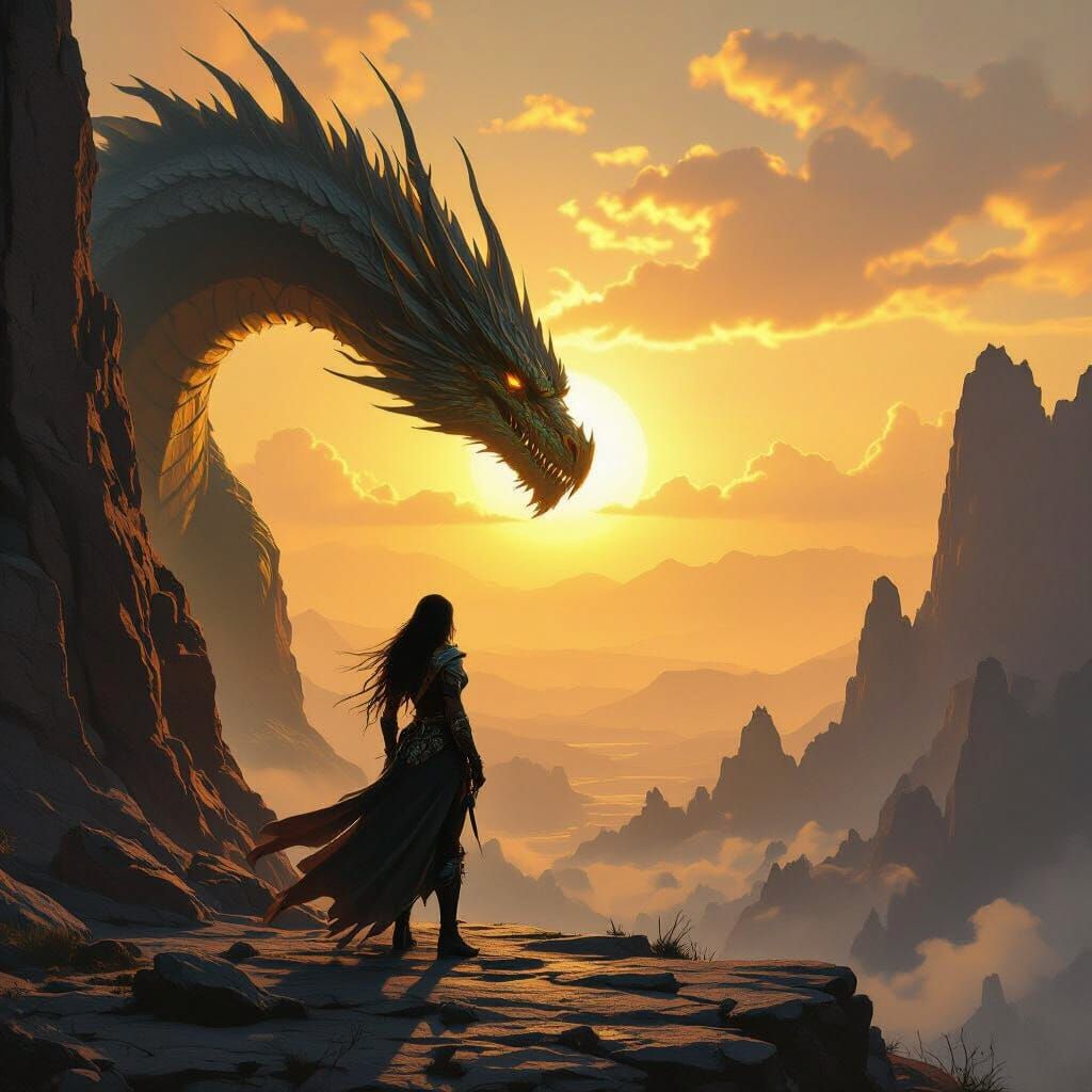 Warrior Woman and Colossal Dragon on Sunlit Plateau
