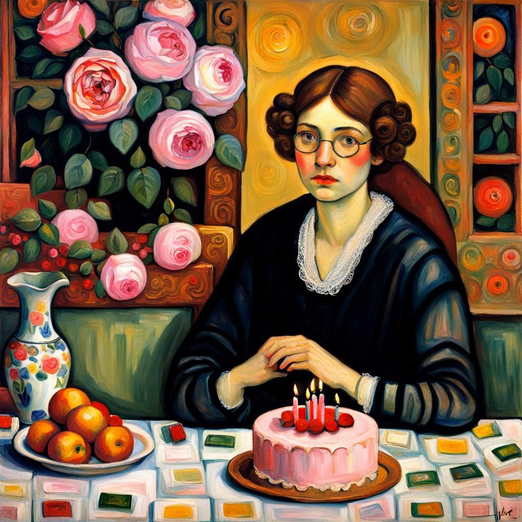 Woman Celebrates Birthday with Rose Cake in Artistic Styles