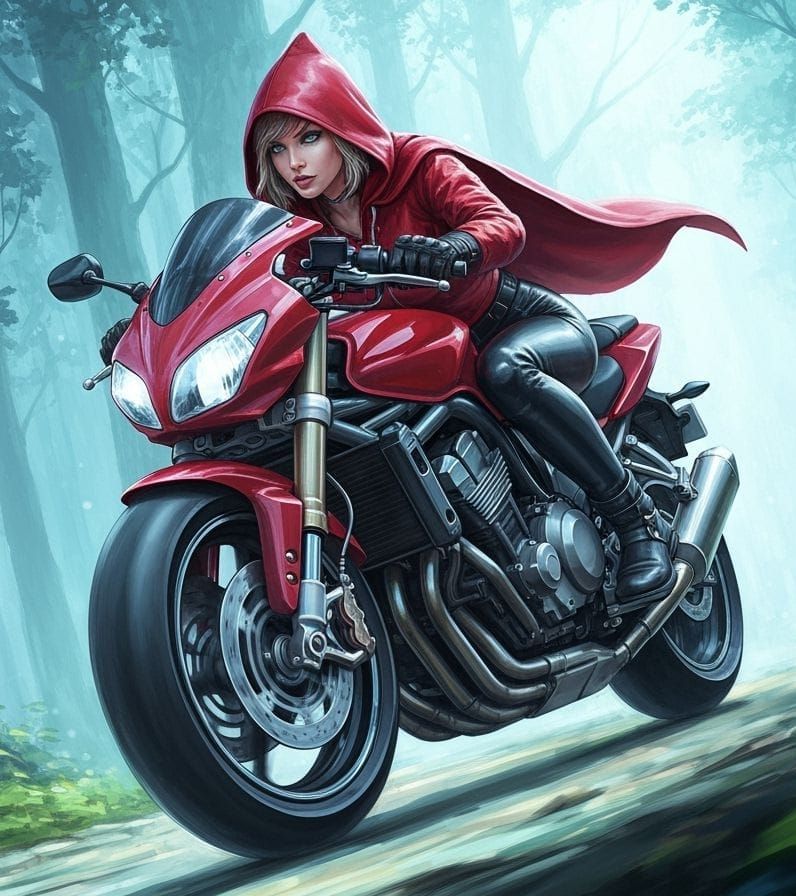 Red Riding Hood Rides Motorbike Through Fairytale Forest