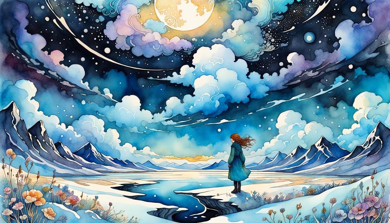 Arctic Landscape with Woman in Art Nouveau Style