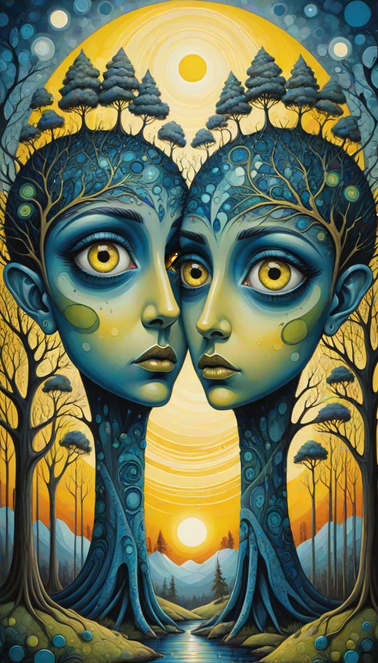 Surreal Pop Art Duo Under Full Moon