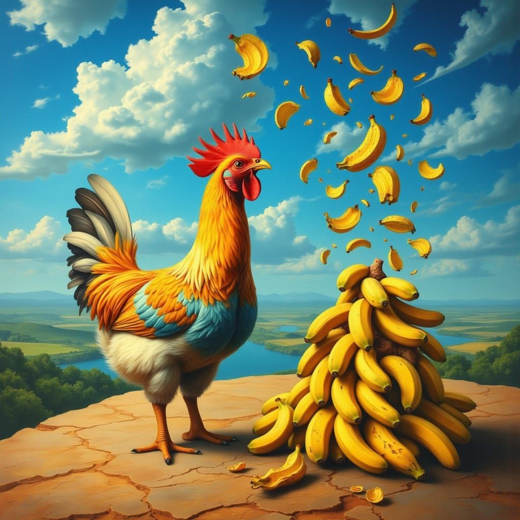 Surreal Chicken and Falling Bananas Digital Painting