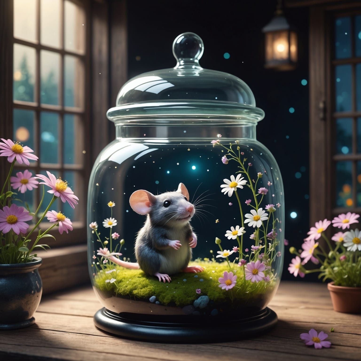 Whimsical Mouse in Luminescent Cottage Illustration